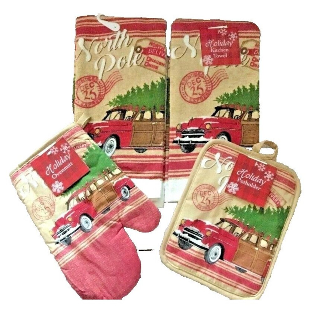 Christmas Kitchen Dish Towels Potholder Oven Mitt Set of 4 Woody Car North Pole